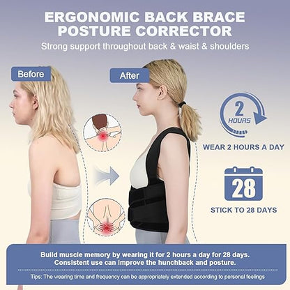 Posture Corrector for Women and Men Upgraded Back Brace, Adjustable Back Support for Upper and Lower Back Pain Relief, Shoulder Straightener for Hunchback, Scoliosis, Lumbar, Spine (Black, Large)