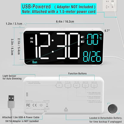 KOSUMOSU Digital Alarm Clock for Bedroom,6.7in Small Digital Clock,Auto Dimming,Date,Day of Week,Seconds or Indoor Temp,LED Alarm Clocks for Living Room,White Desk Clocks for Bedrooms