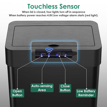 Arlopu Automatic Trash Can,Sensor Motion Stainless Steel Garbage Bin, Touchless Smart Waste Bin, W/Stay-Open, Soft Close Lid, Display Light for Kithchen, Living Room, Office (Black, 18.5gal)