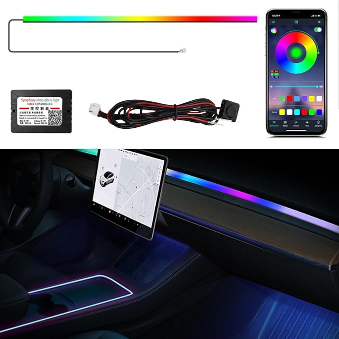 Dreamcolor Interior Car Lights Strips 55-inch, Tesla Model 3 Model Y Interior car Lights, RGB Neon Light Kits with APP Control, Tesla Ambient Lighting Accessories