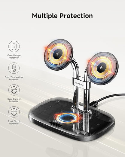 SwanScout Wireless Charger for iPhone Air/17, SwanScout 706M, Dual Magnetic Charger for iPhone 16/15/14/13/12 Series, Charging Station for AirPods Pro 3/2, AirPods 4/3rd (Black)