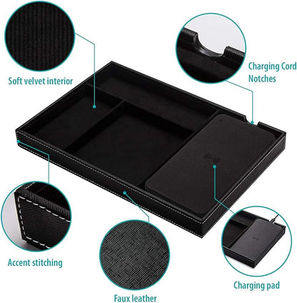 Valet Tray, Built in Wireless Charging Pad, Nightstand Organizer, Dresser Organizer, Mens Jewelry Box, Valet Charging Station, Faux Leather Valet Tray for Men and Women, (Black)