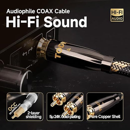 TODN HiFi Digital Coaxial Audio Cable for Audiophile 75-Ohm SPDIF Coax with O-C-C Core, Dual Shielded, 24K Gold-Plated Plug (3ft /1m)