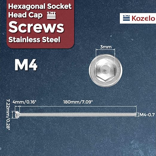 Kozelo 4pcs Socket Head Cap Screws - [M4-0.7 x 180mm] 304 Stainless Steel Allen Socket Drive for Electrical Motor 3D Printing Fan Engine Replacement Use, Silver