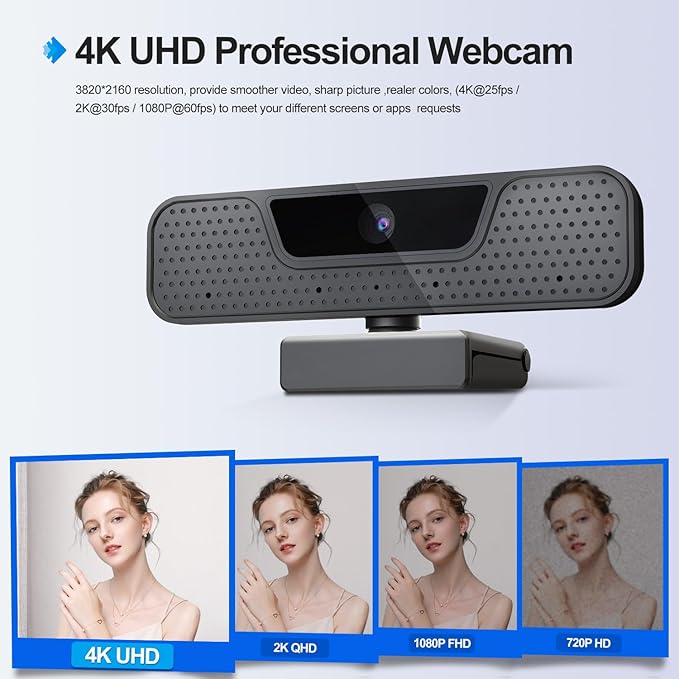 4K Auto Focus Webcam for PC, 4 AI Noise-Canceling Mics UHD Web cam, Auto Light Correction, 85°FOV Computer Web Camera, USB C Plug&Play Webcam with Tripod & Privacy Cover Works w/Zoom/Skype/Google