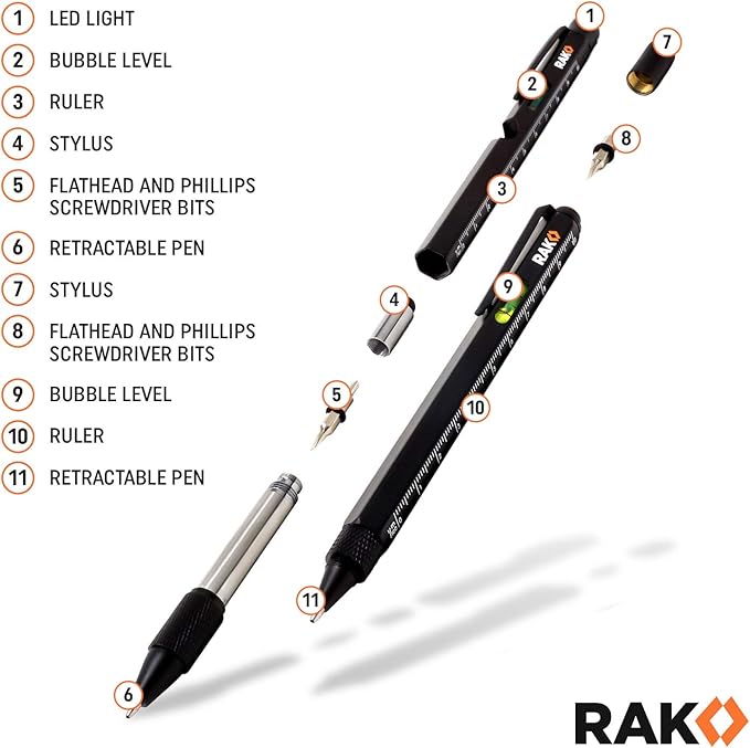 RAK Multitool Pen - Multi-Tool Pens, LED Light, Flathead, Phillips Screwdrivers, Level, Ruler, Bottle Opener, and Stylus. Cool Gadgets Gifts for Men, Dad, EDC Pen Tool, Gift-Ready Box, Pack of 2