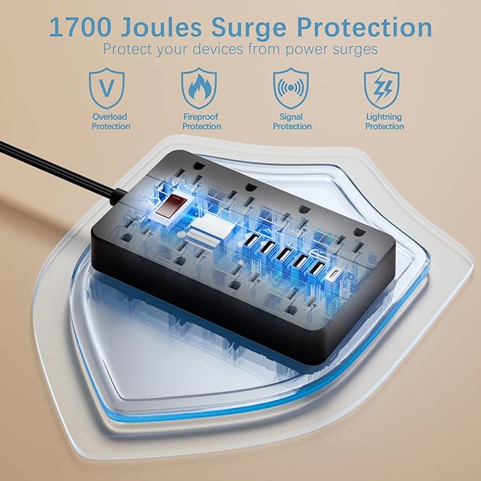 15 Ft Long Extension Cord Power Strip Surge Protector, HUNIAN Flat Plug with 8 Widely Spaced Outlets 6 USB, Wall Mount Charging Station for Home and Office, Black