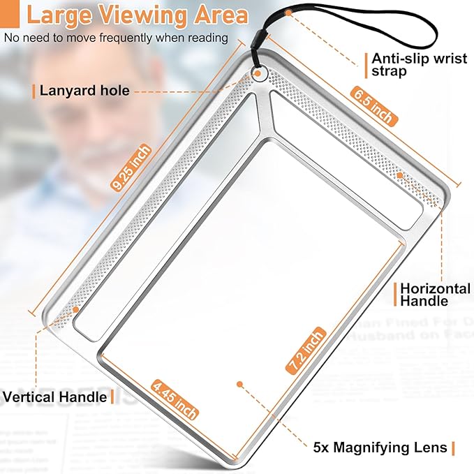5X Full Page Magnifying Glass for Reading, Lightweight Rectangular Magnifier Provides Large Book Page Viewing Area, Handheld Magnifier for Reading Small Prints for Seniors, Low Vision-Silver