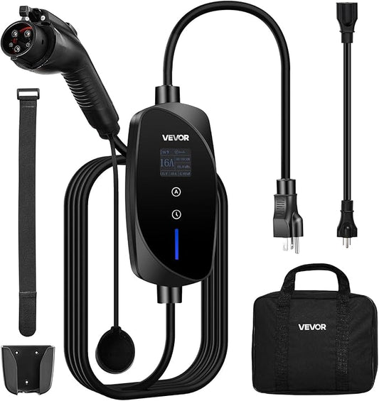 VEVOR Level 1&2 EV Charger, 16 Amp Adjustable Current, Electric Vehicle Portable Charger with 25 ft Cable, 120V-240V, NEMA 6-20P Plug NEMA 5-15 Adapter, LCD, Home Car Charging Station for SAE J1772 EV