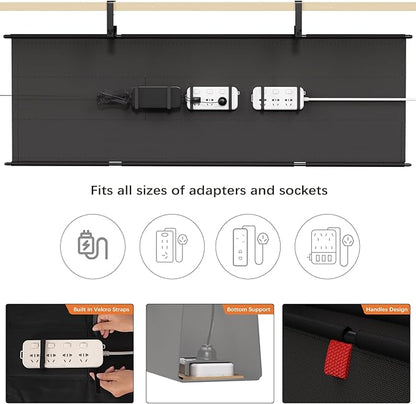 Under Desk Cable Management Tray - 48" Cord Organizer for Desk No Drill, Fabric Under Table Wire Organizer with 16X Cable Ties Hide for Office/Home, Cord Hider Fits Adapters & Sockets, Black