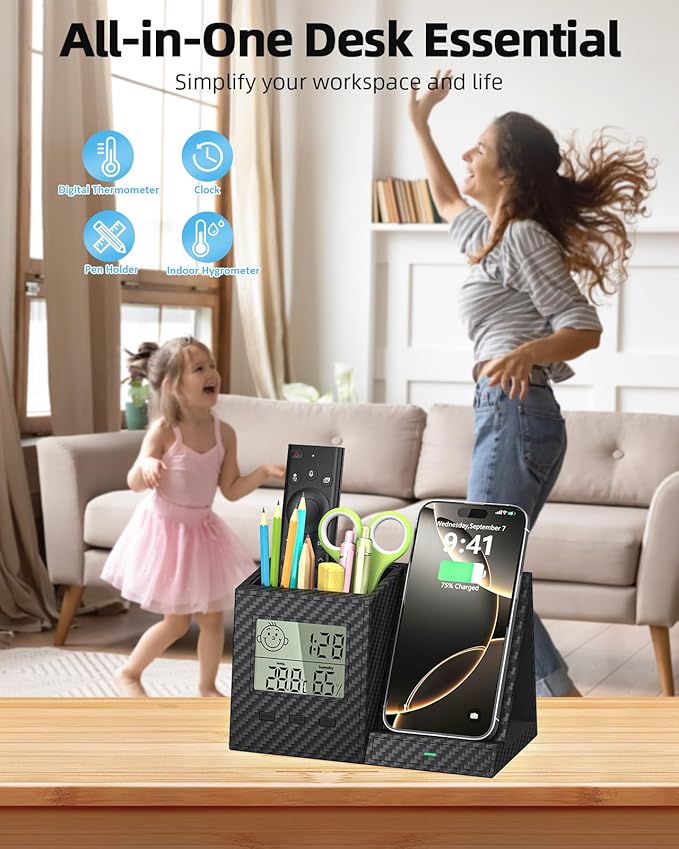 Multifunctional Pen Holder and Organizer for Desk with Wireless Charger, Digital Indoor Thermometer and Humidity Gauge, Home Office Organizers and Storage (Battery Included)