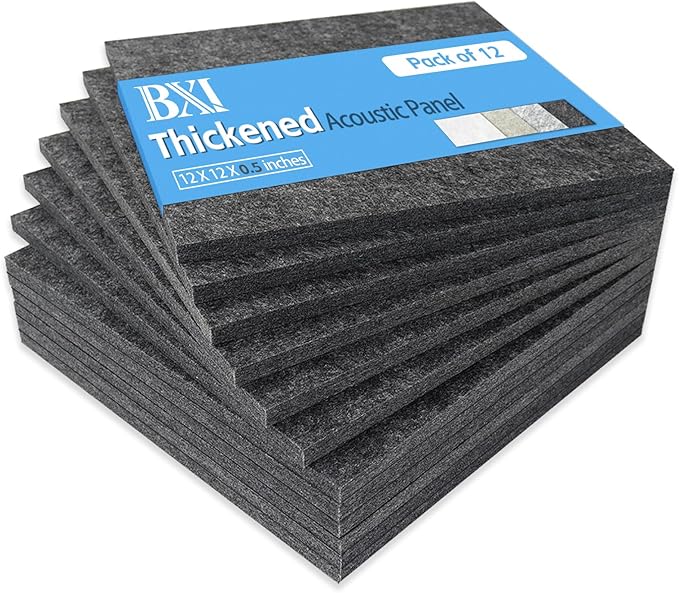 BXI Thickened Sound Absorbing Panels - 12 Pack 12 X 12 X 0.5 Inches Dense Acoustic Panels, Echo Noise Reducing Sound Panels, Tackable Studio Panels for Wall and Ceiling Acoustic Treatment