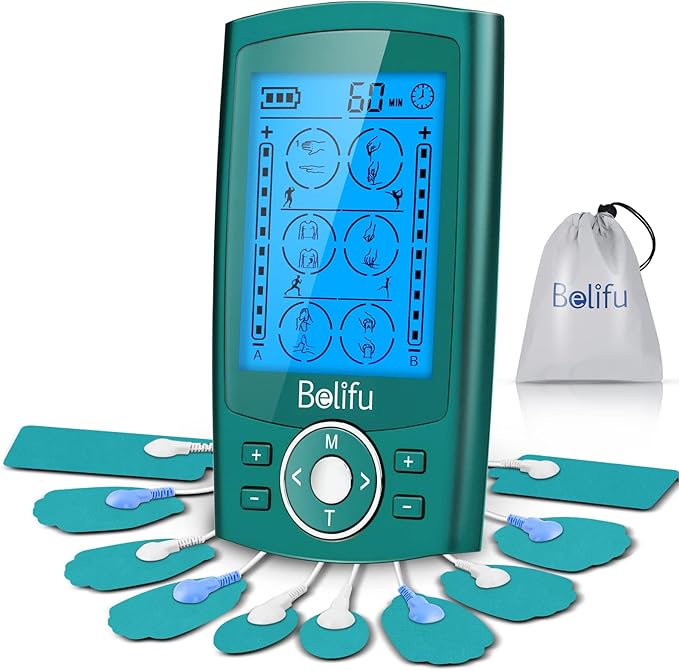 Belifu Dual Channel TENS EMS Unit 24 Modes Muscle Stimulator for Pain Relief Therapy, Electronic Pulse Massager Muscle Massager with 10 Pads, Dust-Proof Drawstring Storage Bag, Fastening Cable Ties