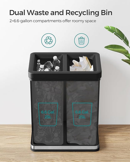 SONGMICS 2 x 6.6 Gallon Open Top Trash Can, Dual Compartment Garbage Can for Waste and Recycling, Stainless Steel, Trash Bin for Office, Restaurant, Commercial Use, Metallic Silver ULTB710E50