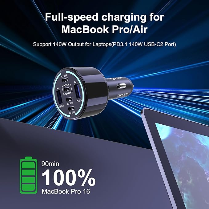 CHIPOFY 300W USB C Car Charger, 6 Ports (4 USB C + 2 USB A) - PD3.1 140W PPS 45W QC 60W Super Fast Charging Car Adapter for MacBook Laptop, iPhone 17 16 Pro Max, iPad, Galaxy S25/S24 Ultra etc