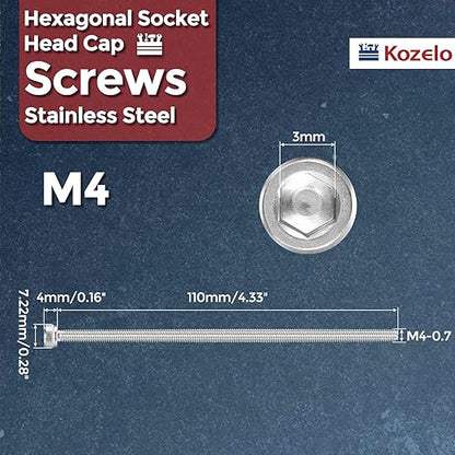 Kozelo 4pcs Socket Head Cap Screws - [M4-0.7 x 110mm] 304 Stainless Steel Allen Socket Drive for Electrical Motor 3D Printing Fan Engine Replacement Use, Silver