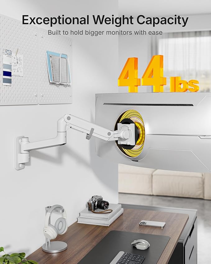 monTEK 17-49 inch Single Monitor Wall Mount for up to 44 lbs Ultrawide Screen, Premium Aluminum Heavy Duty Monitor Arm with Adjustable Gas Spring Arm, 75x75/100x100 VESA Mount, White