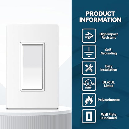 ThunderWay Matte White Single Pole Decorator Light Switch with Screwless Wall Plate, 15 A 120/277 V, ON/Off Rocker Paddle Interrupter, Self-Grounding, Residential Grade, UL Listed (20 Pack)