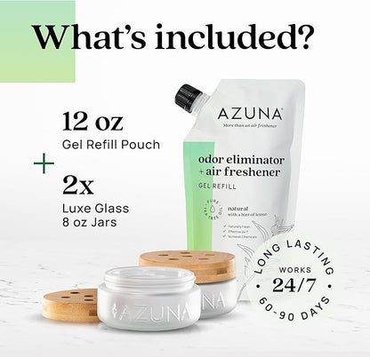 Azuna Air Freshener & Odor Eliminator for Strong Odor | 2 Room Kit Includes (2) 8 oz. Empty Luxe Glass Jars & 12 oz | Refill with Tea Tree Essential Oil Gel | Natural Scent | Last 60-90 Days