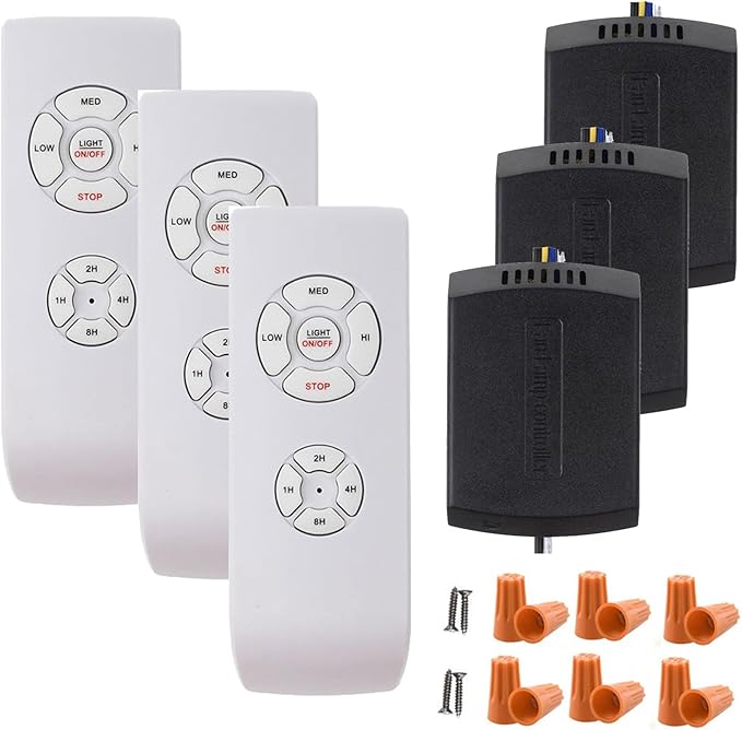 LPHUMEX 3 Pcs Universal Ceiling Fan Remote Control Kits, Small Size Receiver Light Timing & Speed Remote Ceiling Fan Controller (3 Fan Remotes + 3 Small Receivers)