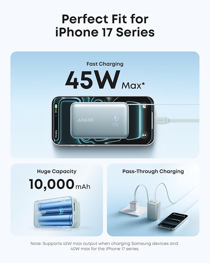 Anker Nano Portable Charger, 10,000mAh 45W Max Compact Power Bank, Travel Essential Phone Battery Pack with 2.3 ft InstaCord Retractable Cable for iPhone 17/16 Series, iPad, Galaxy, Pixel, and More