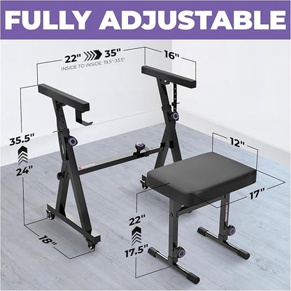 Liquid Stands Piano Keyboard Stand and Bench Set - Portable Heavy Duty Music Stand for 54-88 Key Electric Pianos & Adjustable Piano Bench, Stool - Sturdy Keyboard Music Accessories w/ Wheels and Seat
