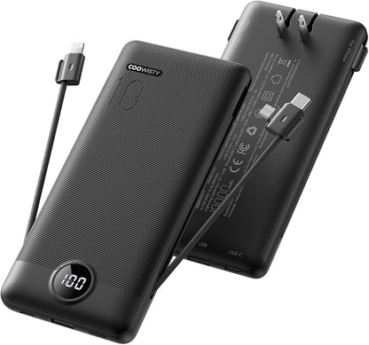 Coowisty Portable Charger with Wall Plug, Slim USB C Power Bank with Built-in Cables, 10000mah LED Display External Battery Pack Compatible with iPhone/Android & More (Black)