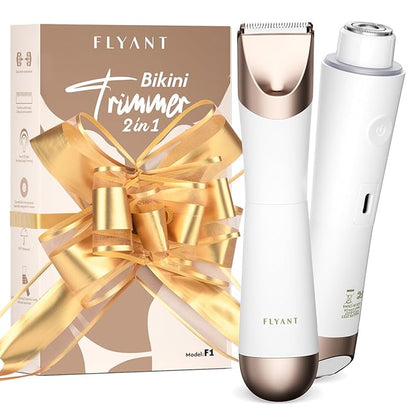 Bikini Trimmer for Women, 2 in 1 Electric Shaver for Women, Pubic Hair Trimmer Waterproof IPX7 with LED, Bikini Razor for Leg Arm Underarm Bikini Area, Pull Bows Gift Box for Friends - Shell White