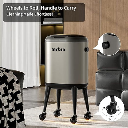 MRBIN Stainless Steel Slim Bathroom Motion Sensor Trash Can with Lid and Wheels, 13L / 3.4gal Electric Touchless Toilet Waste Basket with Legs for Narrow Vanity, Rvs, Dorm, Kitchen, Eclipse Grey