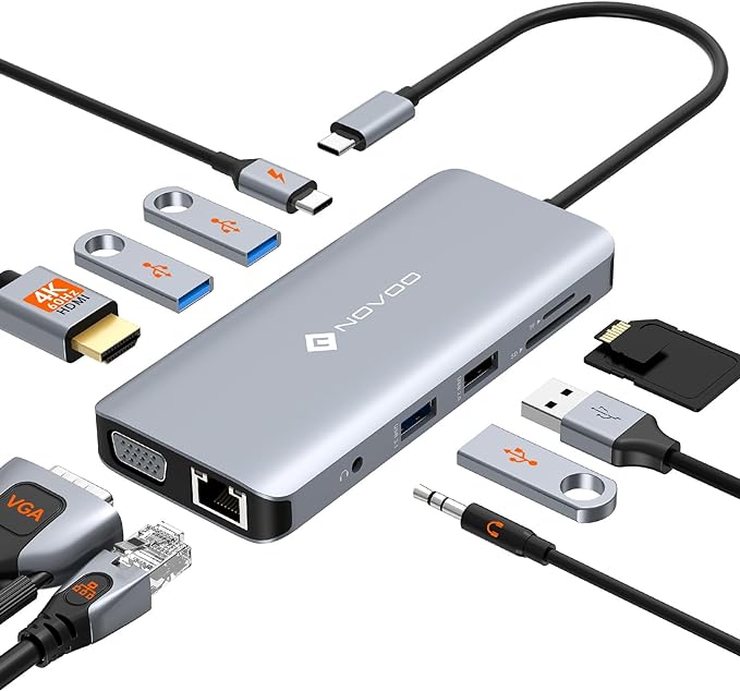 NOVOO USB C Hub, 11-in-1 Docking Station Multiport Adapter with 4K USB C to HDMI, VGA, Gigabit Ethernet, 100W PD, 3 USB-A 5 Gbps, MicroSD/SD Card Reader, Dock for Most Type-C Devices