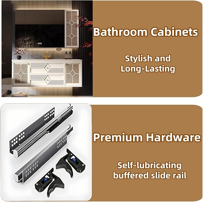 52IN Luxury Floating Bathroom Vanity - Single Sink Bathroom Vanities has Smart Defog Mirror & Slate Countertop | Woven Rattan Perforated Door Panel, LED Lights, 2 Drawers (Style B)