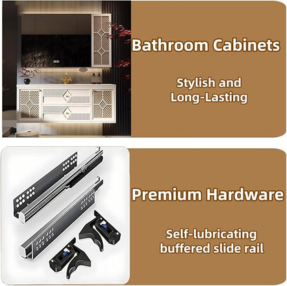 52IN Luxury Floating Bathroom Vanity - Single Sink Bathroom Vanities has Smart Defog Mirror & Slate Countertop | Woven Rattan Perforated Door Panel, LED Lights, 2 Drawers (Style B)