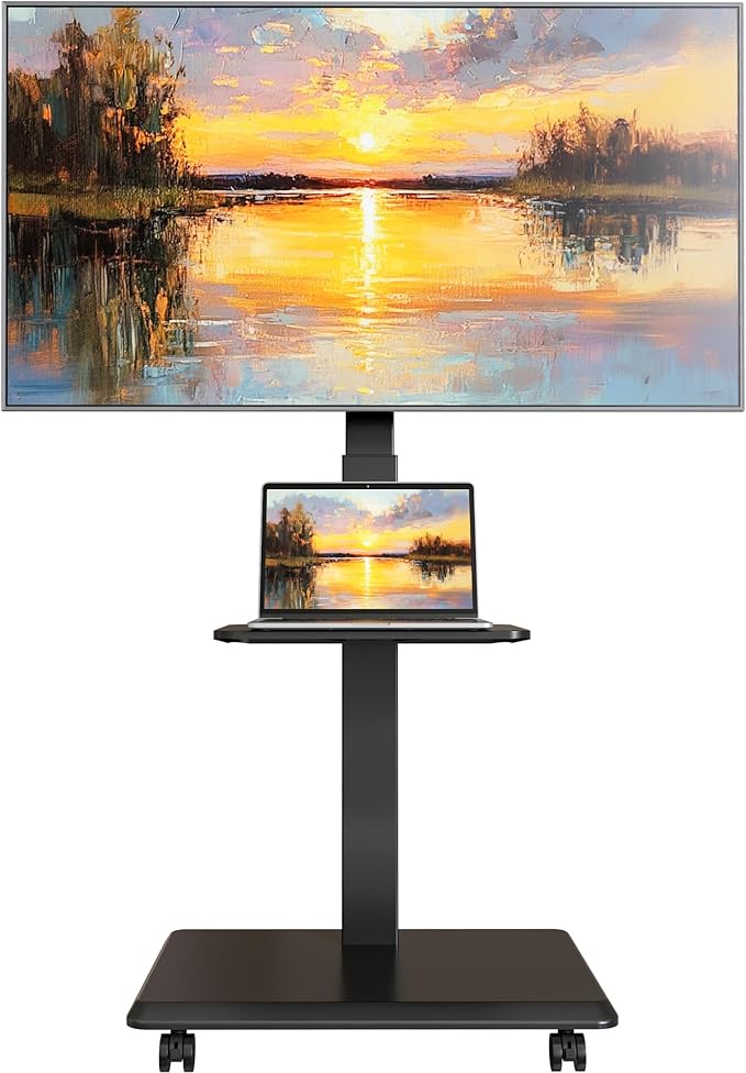 ECOTINY Steel Base Rolling TV Stand for 32-75 inch TVs up to 110 lbs, Leveling & Tilt & Swivel Mobile TV Stand with Hidden Wire Management, Height Adjustable Portable Tv Stand with Steel Shelf, Black