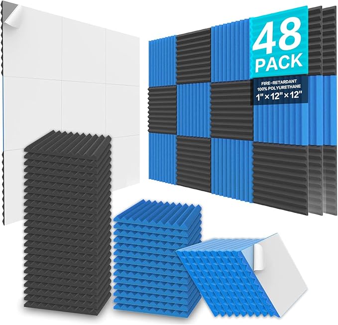 JBER 48 Pack Acoustic Foam Panels, 1" X 12" X 12" Upgraded Self-Adhesive Studio Soundproofing Wedges Fire Resistant Sound Proof Padding Acoustic Treatment Foam - Black & Blue