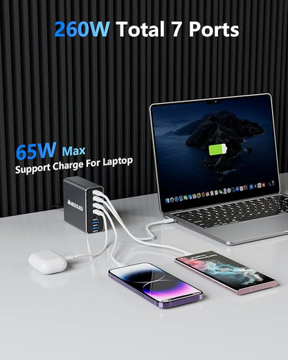 Aluminum Alloy 260W USB C Charger GaN Fast USB C Charging Station 7 Ports 65W Laptop Charger for MacBook Pro/Air/iPad Pro/iPhone (Gray)