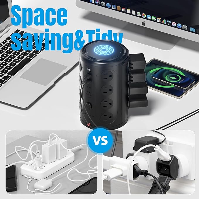Tower Power Strip Surge Protector with 16 Outlets and 5 USB Ports (2 USB-C), 6FT Extension Cord with Multiple Outlets,Heavy Duty Charging Station,Home Office Dorm Room Essentials. No Wireless Charging