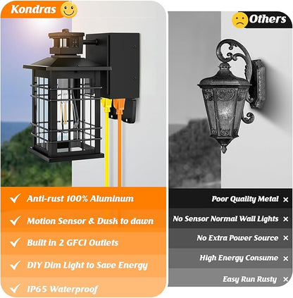 2-Pack Porch Lights with GFCI Outlet, Motion Sensor Dusk to Dawn Waterproof Outdoor Wall Lights, 3 Lighting Modes Black Exterior Light Fixtures for Front Door, Outside Wall Lanterns for House Garage