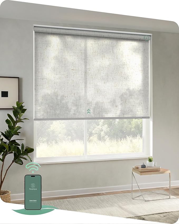 Yoolax Motorized Blinds App Control, Light Filtering Motorized Shades for Windows, Cordless Automatic Roller Shades for Bedroom Living Room Office(Light Filtering Linen Beige, 46" W x 72" H)