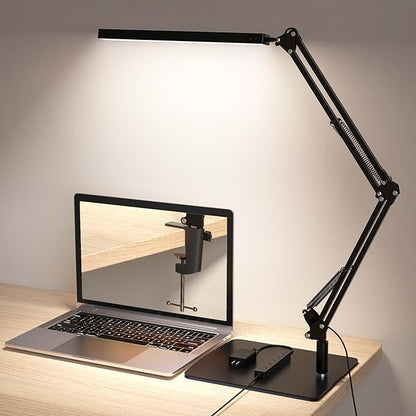 TROPICALTREE LED Desk Lamp for Home Office and Round Base, Clamp-On with 5 Light Modes & Auto Shut Off | 14W Adjustable Brightness 5000K Eye-Caring Lighting for Study/Bedroom/Computer Desk