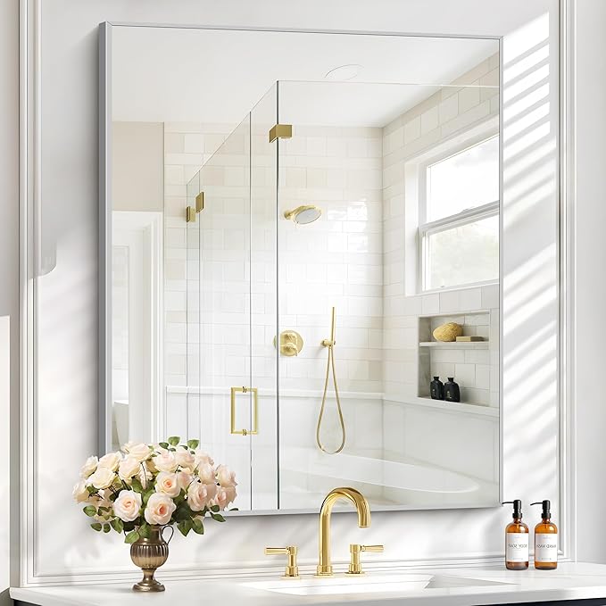 Silver Bathroom Mirror for Wall, 30x36 Inch Rectangle with Metal Frame, Modern Vanity for Bathroom Living Room, Entryway Hangs Horizontal or Vertical