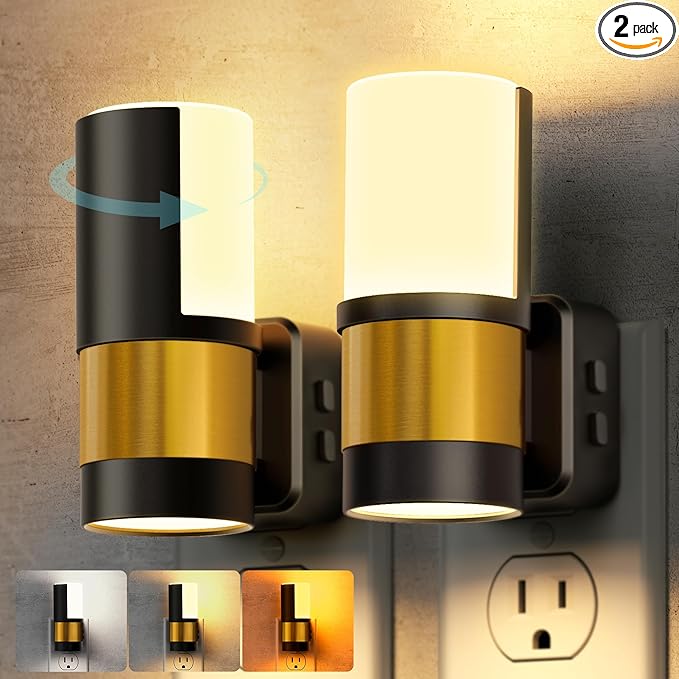 Briignite Night Lights Plug into Wall, 2 Pack Dimmable 3CCT Night Light for Kids, Amber/3000K/5000K Adjustable NightLights Plug in, 360° Rotation, Dusk to Dawn Sensor, Nightlight for Bedroom Hallway