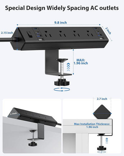40W Fast Charging Station,Desk Clamp Power Strip 20W USB C,8 Outlets,8 USB Ports,4 USB C and 4 USB A, Office Furniture Nightstand Edge Mount Surge Protector, 14AWG Cord, Fits 1.9" Tabletop Edge