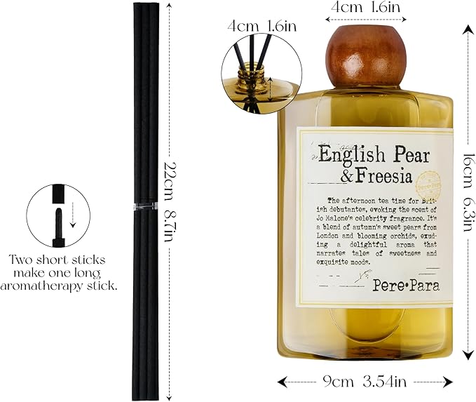 English Pear&Freesia Scent Reed Diffuser Refill 13.53 fl oz with 6 Sticks，【Brighten The Air】 Luxury Natural Long Lasting Home Fragrance Oil Air Freshener for Living Room and Office