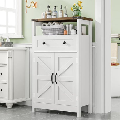 Farmhouse Bathroom Storage Cabinet with Barn Doors, Bathroom Storage Organizer with Drawers, Rustic Freestanding Floor Cabinet for Kitchen, Living Room, White