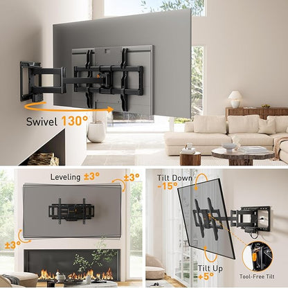 Perlegear Full Motion TV Wall Mount with Power Strip for 42–90 Inch TVs up to 150 lbs, Pre-Assembled TV Mount Has Smooth Swivel, Tilt, Extension, Max VESA 600x400mm, 12“/16”/24” Wood Studs, PGLF11