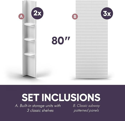 White Acrylic Shower Wall Surround 36"x 60"x 80" - Waterproof, Easy-to-Install, Two Shelf Units Kit Included - Shower Wall Surround Panels - Subway Tiles Pattern, Classic Shelves