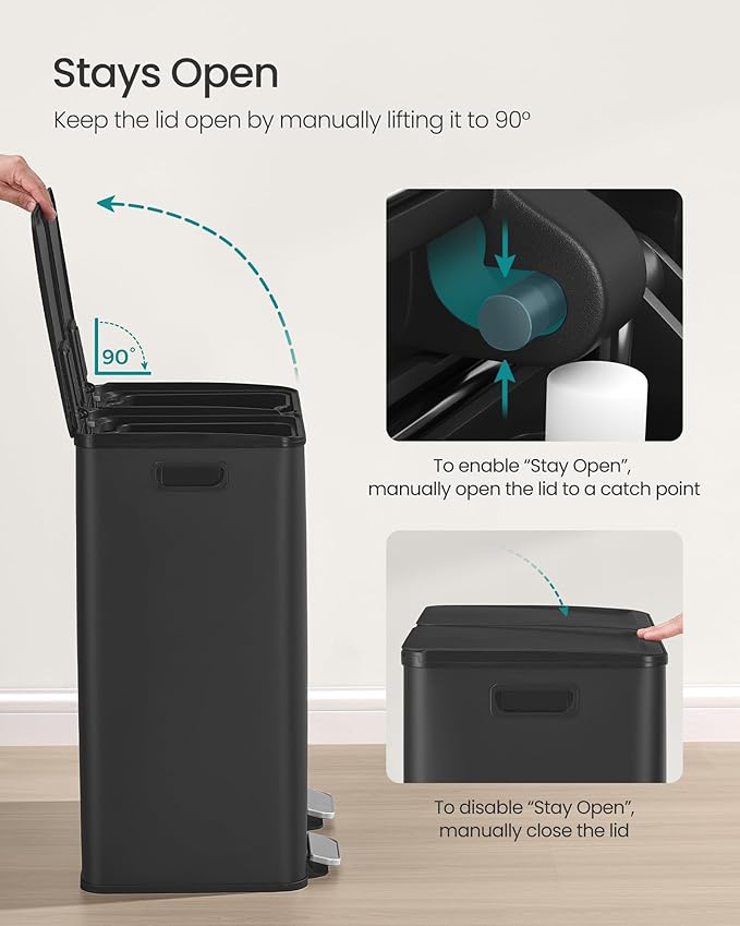 SONGMICS Trash Can, 2 x 8 Gallon (2 x 30 L) Dual-Compartment Garbage Can with Soft-Close Lid, Pedal and Inner Buckets, Stainless Steel, Includes 15 Liner Bags, Ink Black ULTB741B01