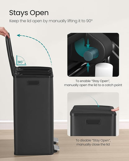 SONGMICS Trash Can, 2 x 8 Gallon (2 x 30 L) Dual-Compartment Garbage Can with Soft-Close Lid, Pedal and Inner Buckets, Stainless Steel, Includes 15 Liner Bags, Ink Black ULTB741B01