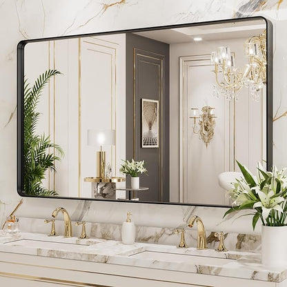 LOAAO 50X30 Inch Black Metal Framed Bathroom Mirror for Wall, Matte Black Bathroom Vanity Mirror Farmhouse, Large Rounded Rectangle Mirror, Anti-Rust, Tempered Glass, Hangs Horizontally or Vertically