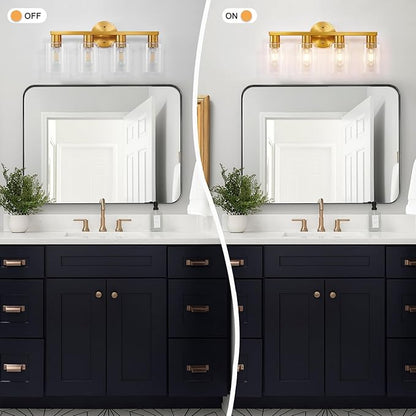 4 Light Gold Bathroom Vanity Light, Brushed Brass Bathroom Light Fixtures with Clear Glass Shade, Modern Wall Lamp Sconce Lighting for Bath Mirror Bedroom Living Room Hallway Porch
